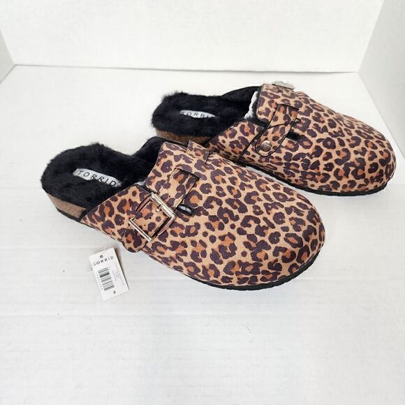 9W Torrid Brown Leopard Lined Slip On Mule Flat Faux Fur Faux Suede Wide Width - Picture 2 of 8